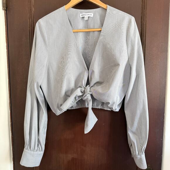 KIMBERLY TAYLOR | Black and White Stripe Tie Front Cropped Long Sleeve Top Large - Picture 1 of 6